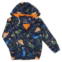 Tmavomodrá šusťáková jarní bunda s dinosaury a kapucí George