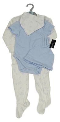 Nové - 4Set - Bílý žebrovaný overal se sloníky a šátek + světlemodré body + čepice St. Bernard