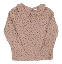 Světlerůžové žebrované triko s růžemi a límečkem H&M