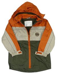 Kaki-béžovo-oranžová šušťáková jarná bunda s výšivkou a kapucňou X-mail