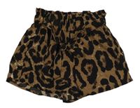 Hnědo-černé paper bag kraťasy s leopardím vzorem a páskem Shein