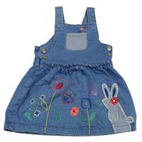 Modré rifľové na traké šaty s králikom a kvetinami zn. Mothercare