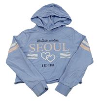 Svetlomodrá crop mikina s nápisom so srdiečkami a kapucňou H&M