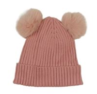 Starorůžová žebrovaná pletená čepice s bambulemi Topolino