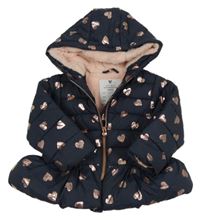 Tmavomodrá šusťáková zimní bunda se srdíčky a kapucí V by Very