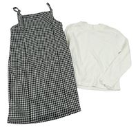 2set - Černo-šedé kostkované šaty + bílé žebrované crop triko se stojáčkem Primark
