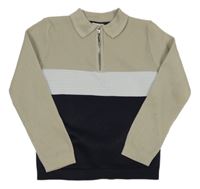 Béžovo-tmavomodro-biely polo sveter s žebrováním River Island