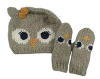 2set- šedá pletená čepice se sovičkou + rukavice Mothercare