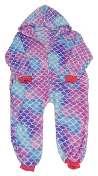 Růžovo-fialovo-modrá vzorovaná plyšová kombinéza s kapucí 