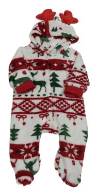 Bielo-červeno-zelená vianočná plyšová kombinéza s kapucňou