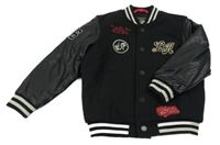 Čierna flaušová baseballová zateplená bunda s koženkovymi rukávy a nápisom Next