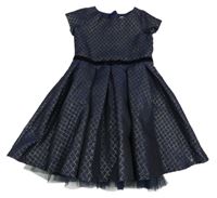 Tmavomodro-zlaté vzorované společenské šaty s mašličkou 