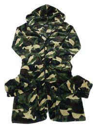 Kaki-čierno-béžová army plyšová kombinéza s kapucňou