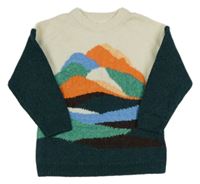 Bielo-tmavozeleno-oranžovo-farebný vlnený sveter H&M