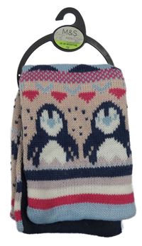 Nové - Růžovo-modro-fialová šála s tučňáky M&S