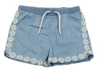 Světlemodro-biele ľahké rifľové kraťasy s kvetmi Tu