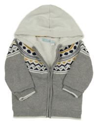 Bílo-šedo-tmavomodro-hořčicový vzorovaný propínací zateplený svetr s kapucí Obaibi