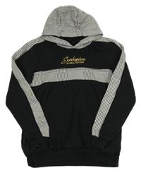 Čierno-biela mikina so vzorovanými prvky a nápisom a kapucňou George