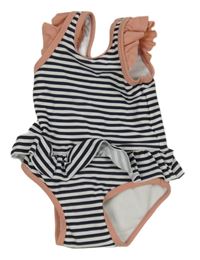 Tmavomodro-bílo-růžové pruhované jednodílné plavky s volánky 