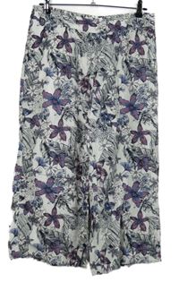 Dámske bielo-tmavomodro-fialové kvetované ľanové culottes nohavice Multiblu