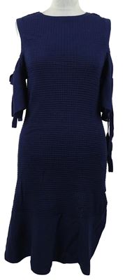 Dámské tmavomodré vzorované midi pletené šaty s volnými rameny Warehouse 