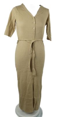 Dámské béžové žebrované svetrové propínací midi šaty s páskem 