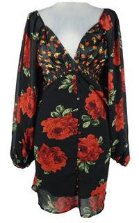 Dámské černo-červené květované šifonové šaty s páskem Asos 