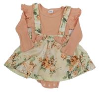 Růžové žebrované body se sukýnkou s kytičkami