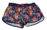 Tmavomodré plážové kraťasy s květinami