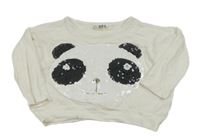 Bílé oversize crop triko s pandou z flitrů ,
