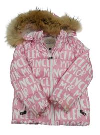 Růžová šusťáková prošívaná zimní bunda s nápisy a odepínací kapucí Moncler