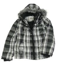 Černo-šedo-fialová kostkovaná šusťáková zimní bunda s kapucí 