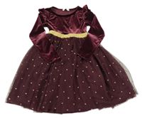 Vínové sametovo/tylové šaty se srdíčky 