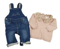 2Set - Tmavomodré teplákové rifľové na traké nohavice s čumáčkem + svetloružový sveter s golierikom s kvietkami PRIMARK