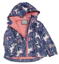 Tmavomodrá kvetovaná nepromokavá jarná bunda s jednorožcami a kapucňou Lily & Dan