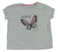 Sivé melírované tričko s motýlom Tu