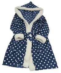 Tmavomodro-biely bodkovaný fleecový župan s kapucňou a opaskom Esprit