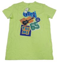 Nové - Svetlozelené tričko s nápismi a kytarou Benetton