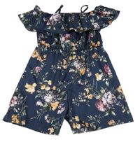 Tmavomodrý kvetovaný letný overal s volánikom