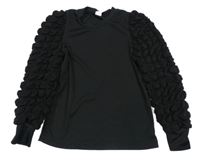 Černé žebrované triko s nařasenými rukávy Shein