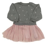 Sivo-svetloružové teplákovo/šifonové šaty s kvietkami Primark