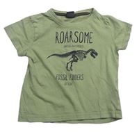 Khaki tričko s kostrou dinosaura a nápismi Kiki&Koko