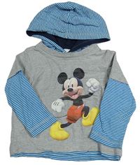Sivo-petrolejovo-biele melírované tričko s Mickey a pruhmi a kapucňou Disney