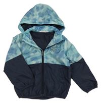 Tmavomdro-modro-světlemodrá šusťáková jarní bunda s nápisy a odepínací kapucí H&M