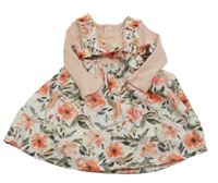 2Set - Bielo-pudrové šaty s kvietkami a kanýrky a žebrováním + zavazovací čelenka