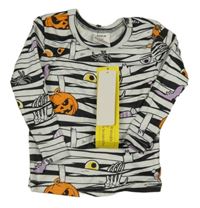 Nové - bielo-čierne vzorované tričko s dýněmi a netopýry a duchy SHEIN