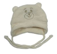 Smotanová plyšová zavazovací čepice - medvedík