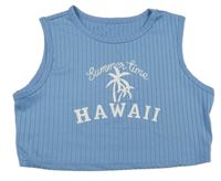 Modrý rebrovaný crop top s palmami a nápismi
