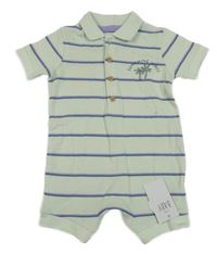 Nové - mátovo-fialovo-tmavopetrolejový pruhovaný kraťasový overal s palmami a nápisem a límečkem George