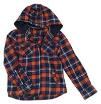 Tmavomodro/oranžovo-safírovo-bílá kostkovaná košile s kapucí George